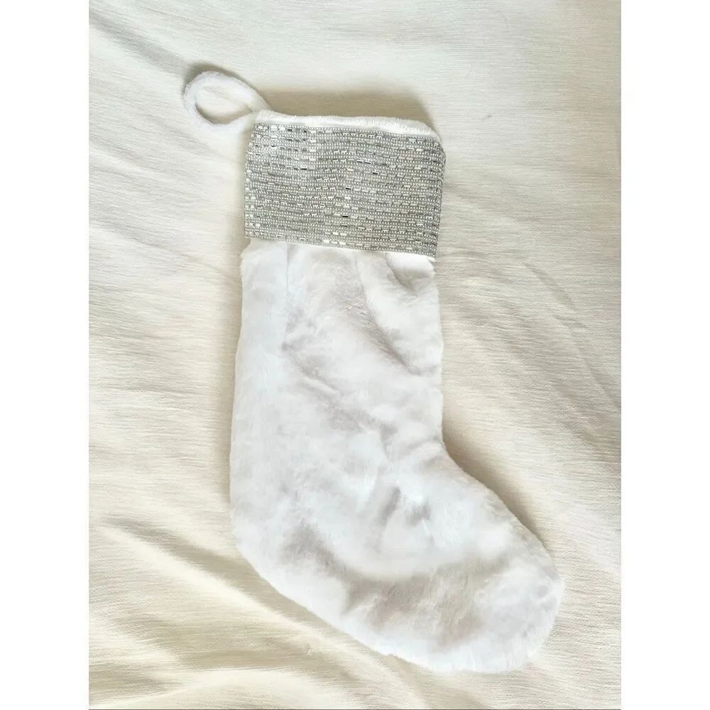 Jason Wu White Faux Fur Christmas Stocking w/ Rhinestone Cuff – Holiday Decor